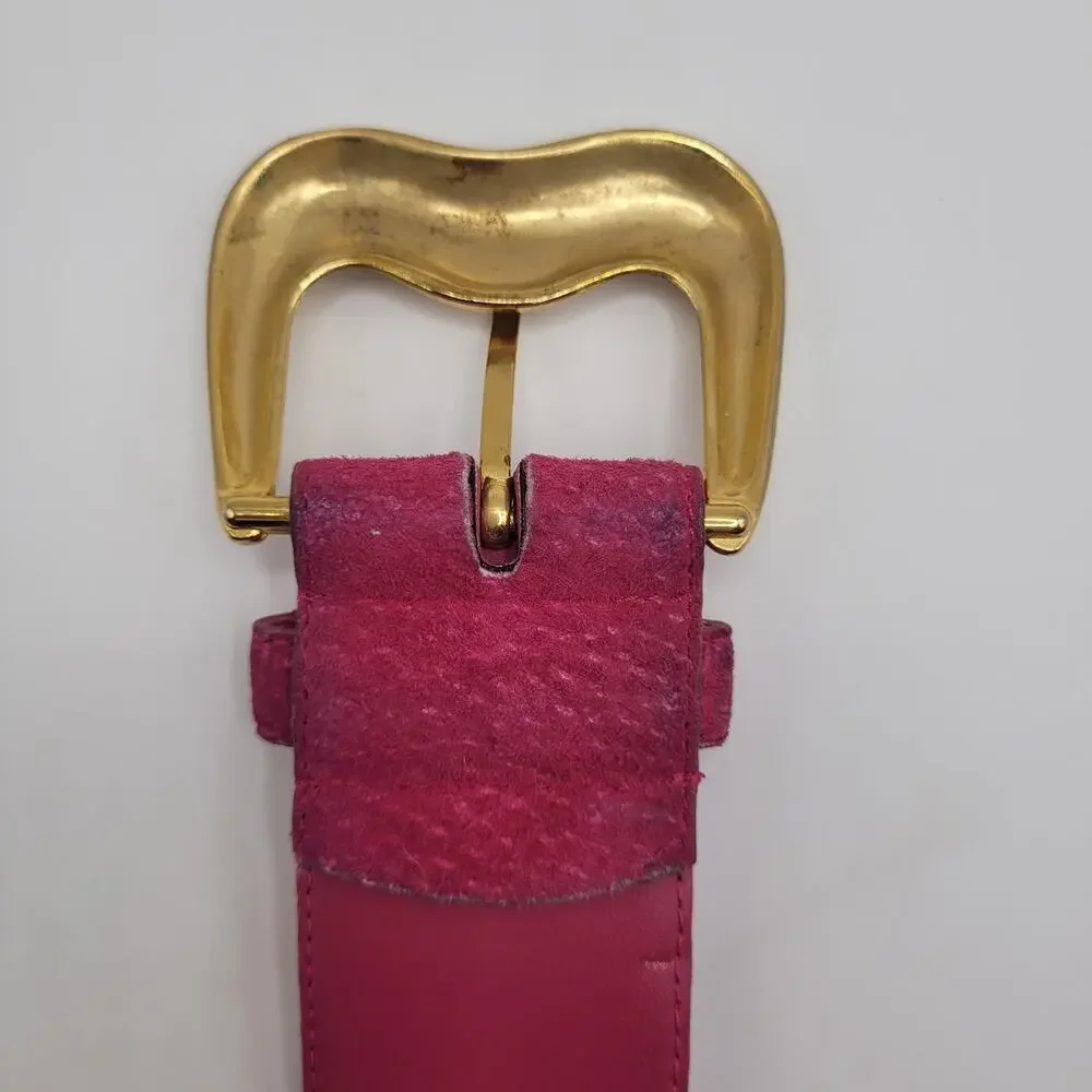 Vintage Pink Suede Leather Belt Small Wide Gold Sculptural Statement Waist 80s